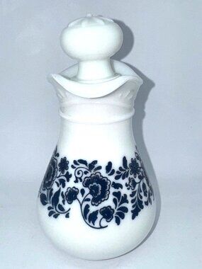 Vintage 1970s Avon Milk Glass Pitcher with Stopper with Deft Blue Floral Pattern